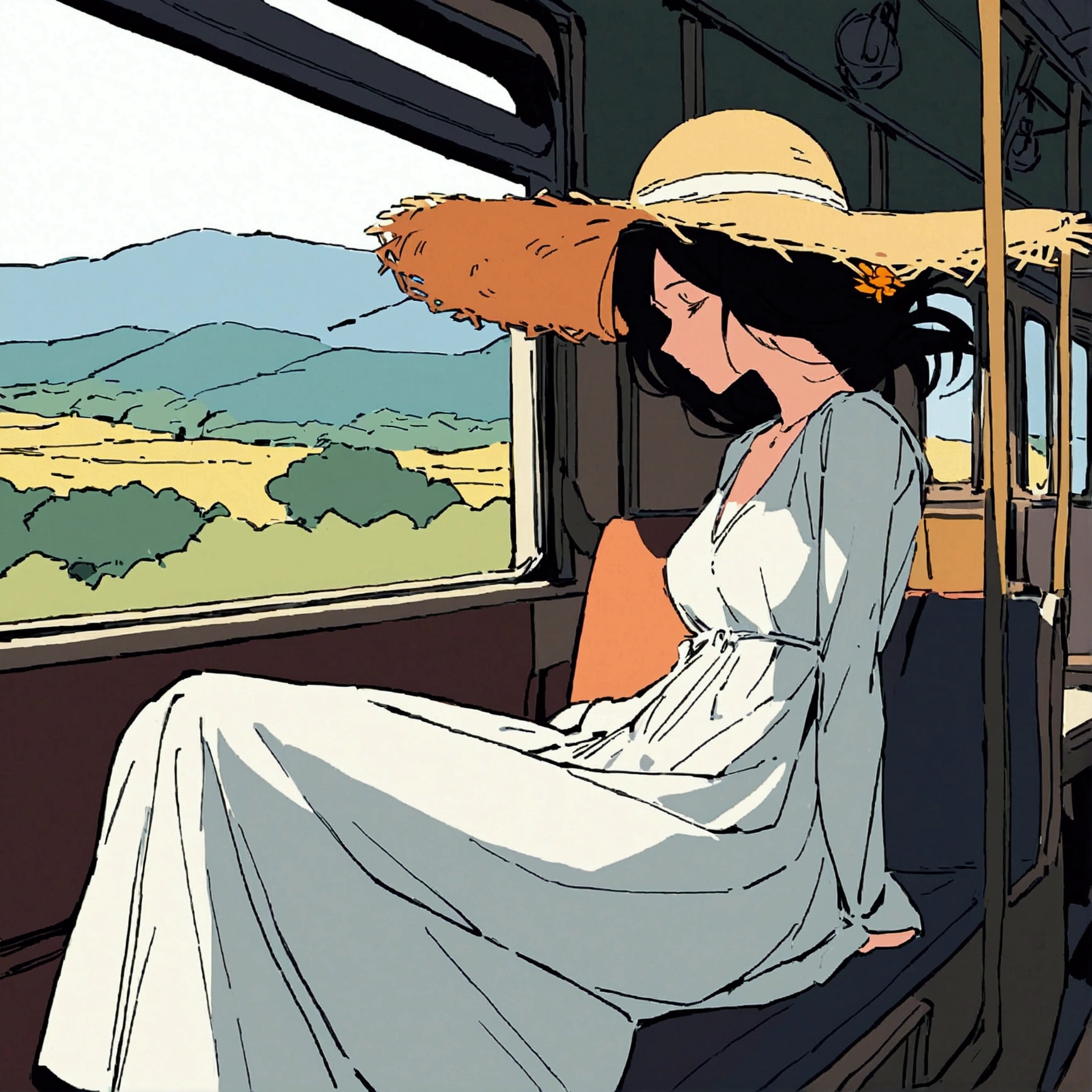 woman in white dress flat color simple suitcase travel orange flower sitting on train seat beautiful scenery swaying in the wind straw hat