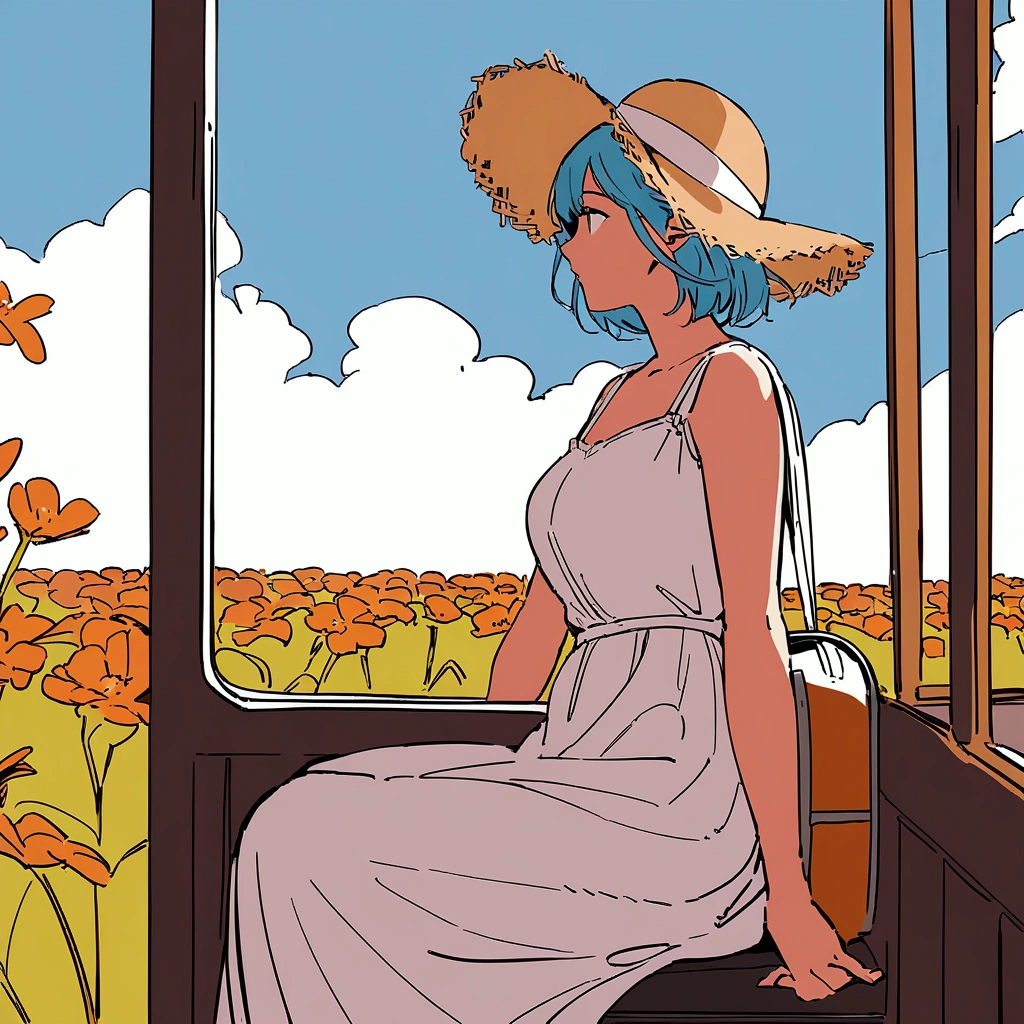 woman in white dress flat color simple suitcase travel orange flower sitting on train seat beautiful scenery swaying in the wind straw hat