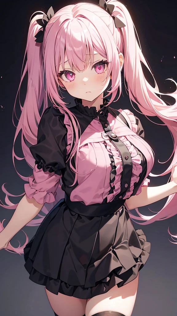 (Highest quality,Very detailed,Short),black tights,Pink Hair,Twin tails,cute,Pink Eyes,She is wearing a black dress,Her eyes are white and shining,Her eyes are white and shining,Looking at me with a sad face,