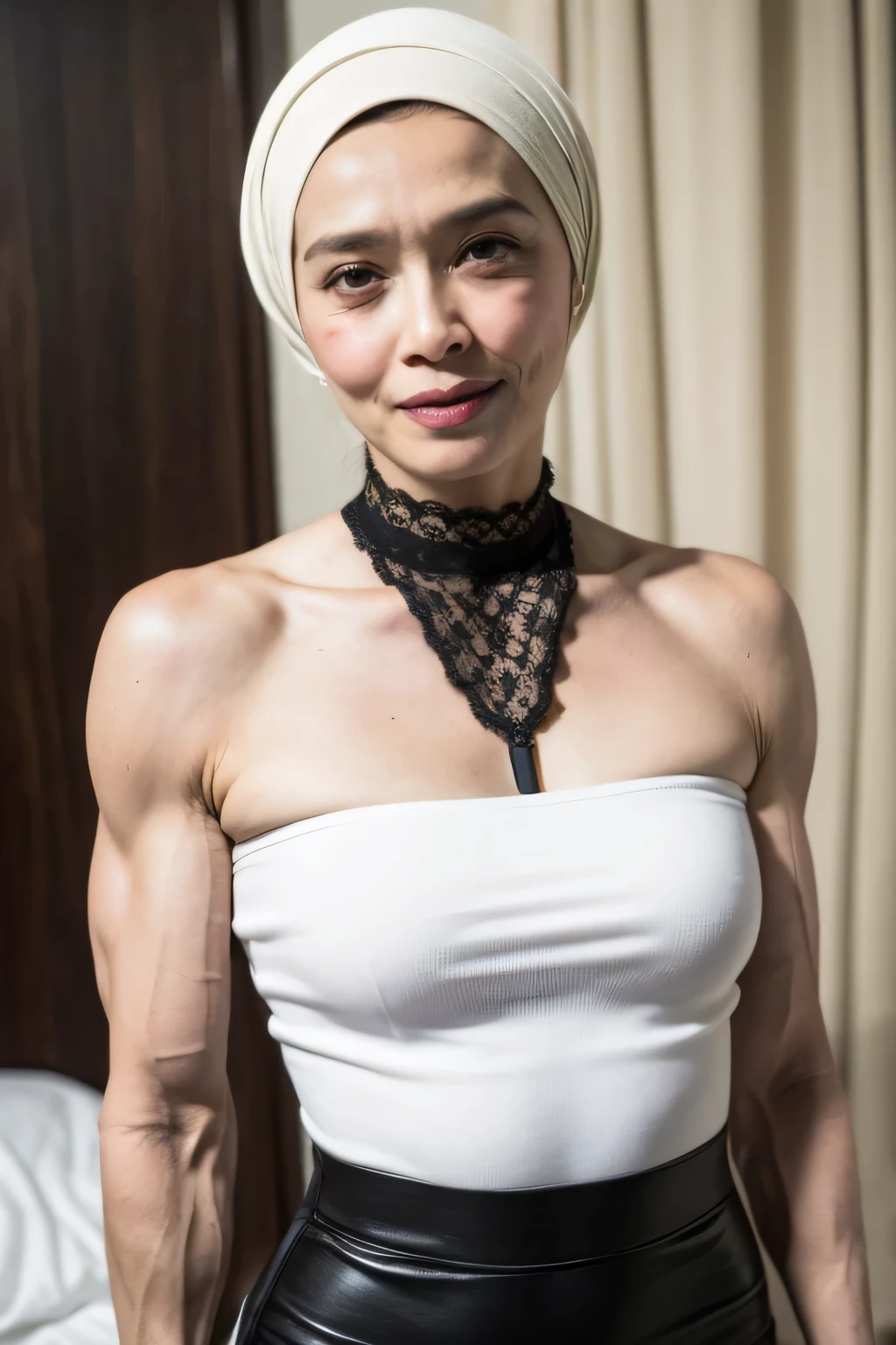 SQUATTING, ((NECK LACE RIBBON)), ((Strapless Bra)), ((Pencil Skirt)), (Arm Muscles:1.85), ((6x-UltraSharp)), Milf Bitch, Straddling, ((Naked red)), ((Old Lady :1.7)), Very cute like a Matured Lady, ((Stylo Stylish Hijab)), adorable, 2 girl, 55 years old, face, shy, half body portrait, ((HORNY FACE EXPRESSION)), (face details: 1), (eye details: 1), Cute posed. proportional body. Ultra High Res. (realistic: 2), UHD, Tiny breasts