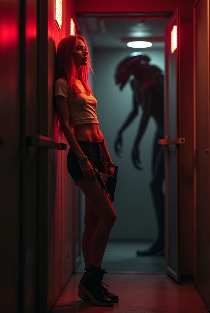 (full body shot:1) photorealistic image of a (standing pose:1) woman, ultrarealistic, photography, long red hair, woman, 24 years old, hourglass figure, perfect body, natural medium breasts, Full body picture, she is on a space station, in a dark room, only red alarmlights are on, she is wearing a tshirt and hot pants, she is holding a pulserifle, she is leaning at a wall next to a door, she is hiding from the xenomorph in the other room, a black xenomorph alien is roaring in the background, she is looking scared