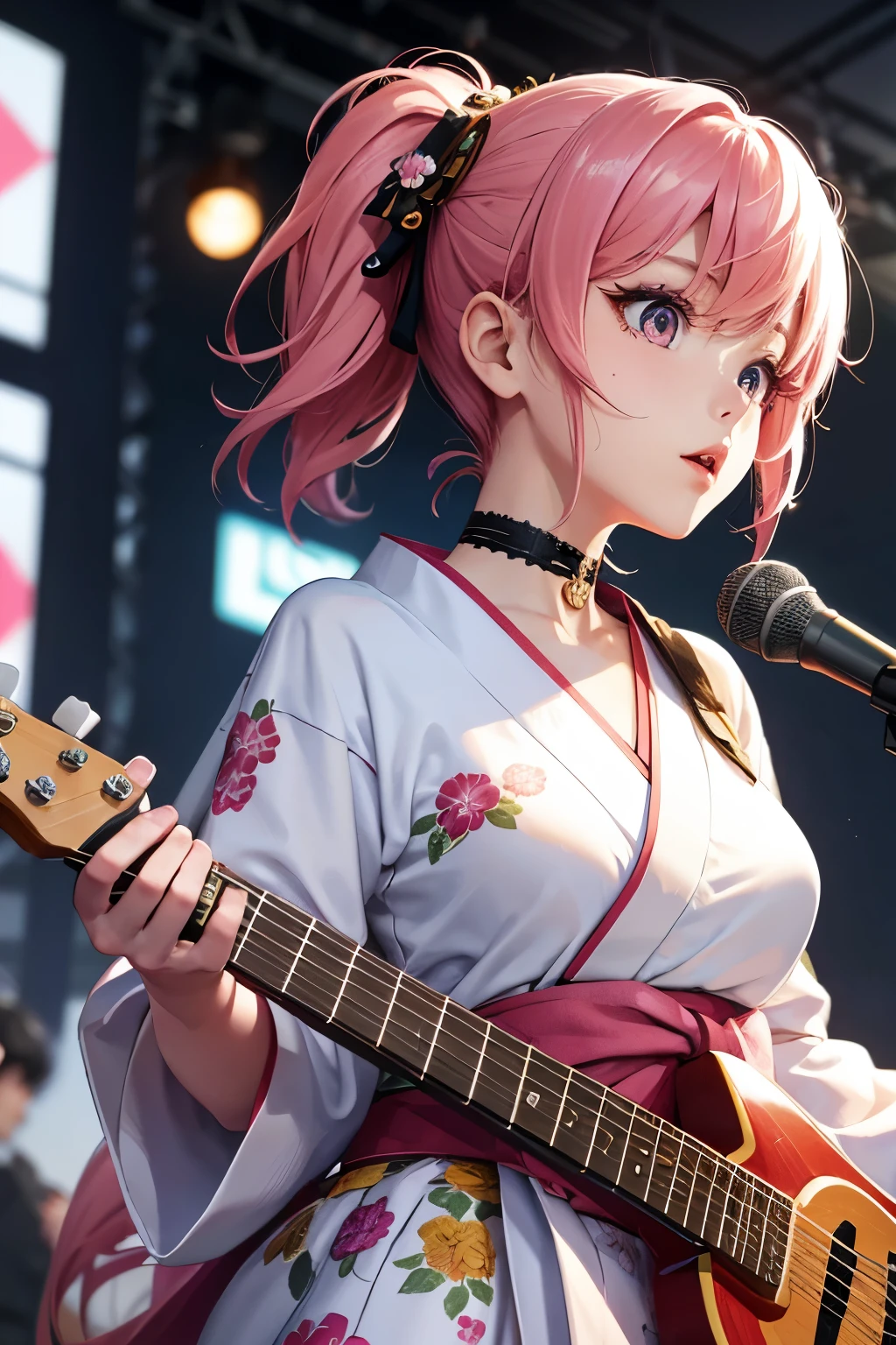 masterpiece, best quality, very detailed, high resolution, expensive resolution, high resolution, 4K, 8k, Unity 8k wallpaper, highly detailed CG, masterpiece, 2D, 3D, beautiful details, depth, fine texture, best quality: 1.3, perfect focus, crispy skin, he,
Very cute anime girl, girl playing baseguitar vocals in a band wearing a Japanese fancy floral haori hakama, on outdoor stage, full body, expensive pink twin tail hair, mole under eye, looking at the viewer, expensive, blush, mole, lips open, , heart choker, pink eyes, guitar vocals, stage,Full body of an anime girl with pink twin-tailed hair wearing a Japanese kimono and playing a bass guitar on stage at a cyberpunk festival