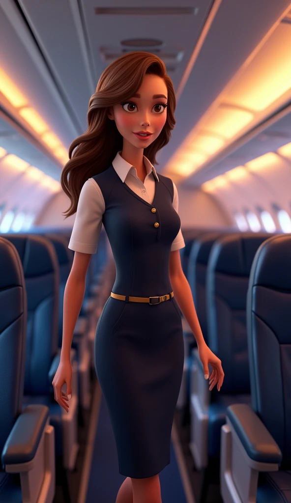 A flight attendant with brown hair an airplane checking the cabin, 3d , pixar style, cinematic, masterpiece, realistic