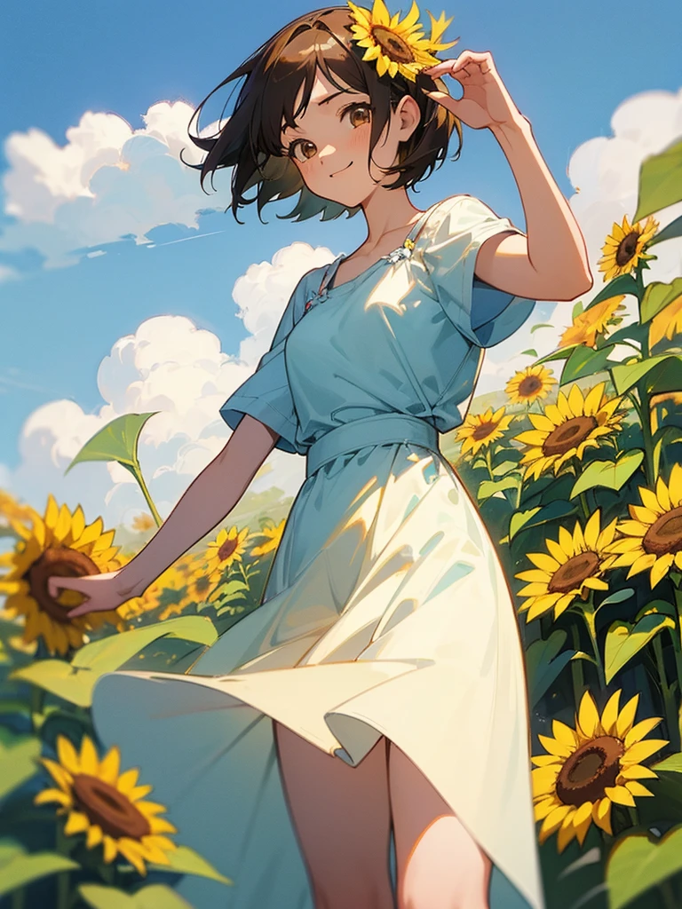  master piece, best quality, for below, cinematic angle, upper body , pigeon toed,  
Anime-style Moe illustration, summer vacation theme, 20-year-old woman, sunflower field, short hair, 
Picnic Maxi Dress, slightly inner thighs, smile, accurate drawing, Active pose, Active Angle, 