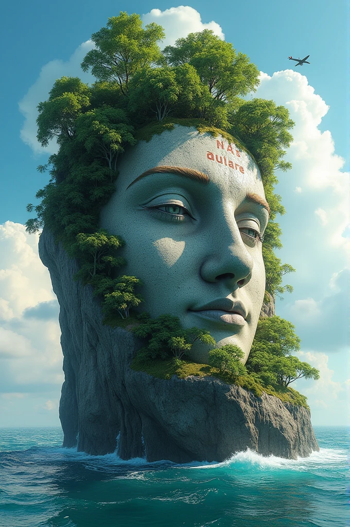 ((best quality)), ((masterpiece)), (detailed), perfect face((best quality)), ((masterpiece)), (detailed), perfect faceAn image of an old Stone in the middle of the sea with a forest wrapped around it, ANAS DULARE written on it, the Indian flag fluttering and an airplane flying in the sky and made like the ground