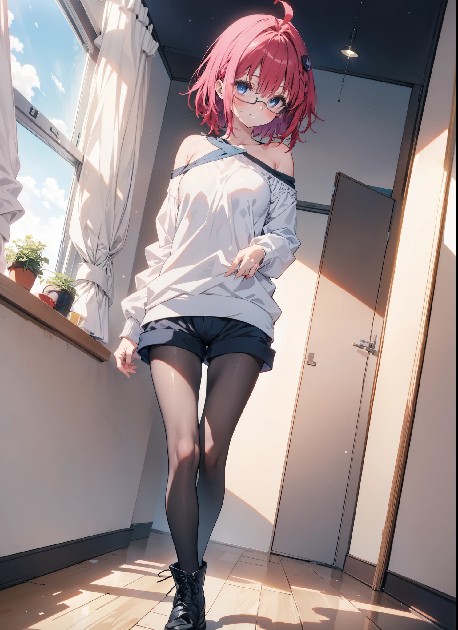 meakurosaki, Meia Kurosaki, Ahoge, blue eyes, Braiding, Hair Intake, hair ornaments, Long braids, Redhead,Baseball hats,smile,Oversized one-shoulder sweater,Shorts,Black pantyhose,short boots,Walking,Glasses,night,moonlight,
break looking at viewer,
break indoors, classroom,
break (masterpiece:1.2), Highest quality, High resolution, unity 8k wallpaper, (figure:0.8), (Beautiful attention to detail:1.6), Highly detailed face, Perfect lighting, Highly detailed CG, (Perfect hands, Perfect Anatomy),