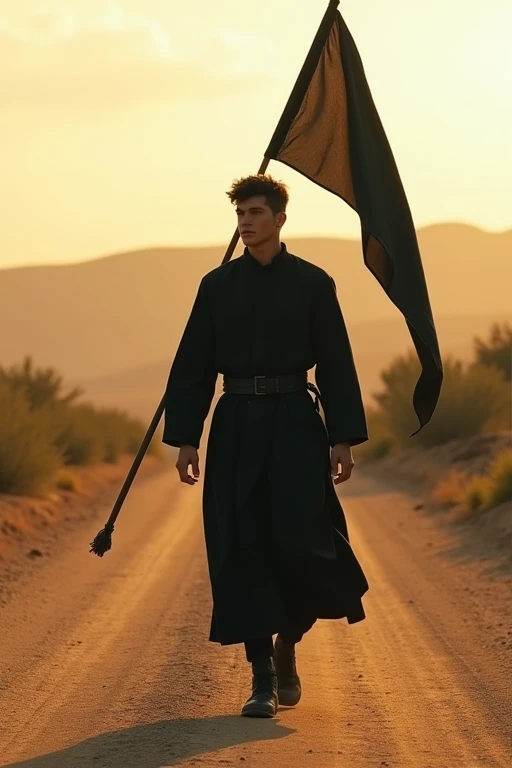 Create a realistic portrait image with a warm cinematic perspective of a young man wearing a modest black outfit and black hair, walking on a semi-desert road, looking forward and carrying a black flag with no writing on it.  
