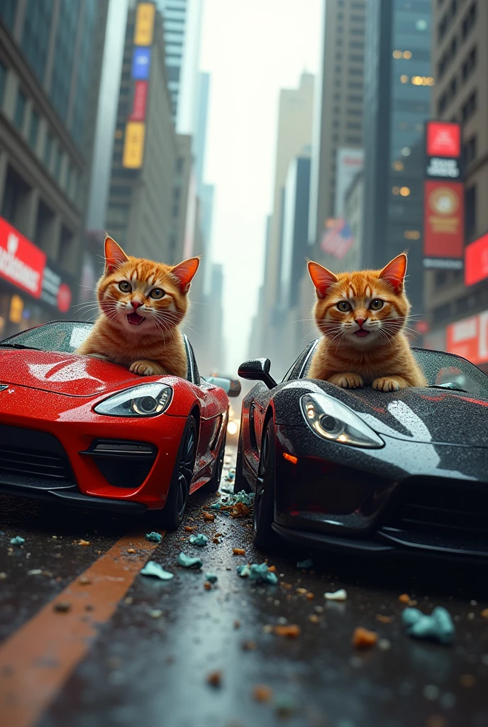 Two cats with same sports car got accident in rush and collide with eachother