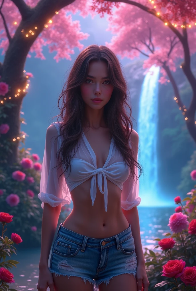 High-resolution, ultra-detailed, and mega-realistic photograph of a captivating young woman, radiating tender beauty, in a mesmerizing fairy forest. Under the shimmering rainbow light, tree branches are adorned with enchanting garlands of twinkling lights, and vibrant roses and peonies bloom beneath the neon illumination. The scene unfolds near an awe-inspiring waterfall, as the woman, with eyes as captivating as the sky itself, stands confidently in a denim shorts and see-through white knotted shirt, the wind gently tousling her long, wavy hair. Her athletic figure and alluring gaze