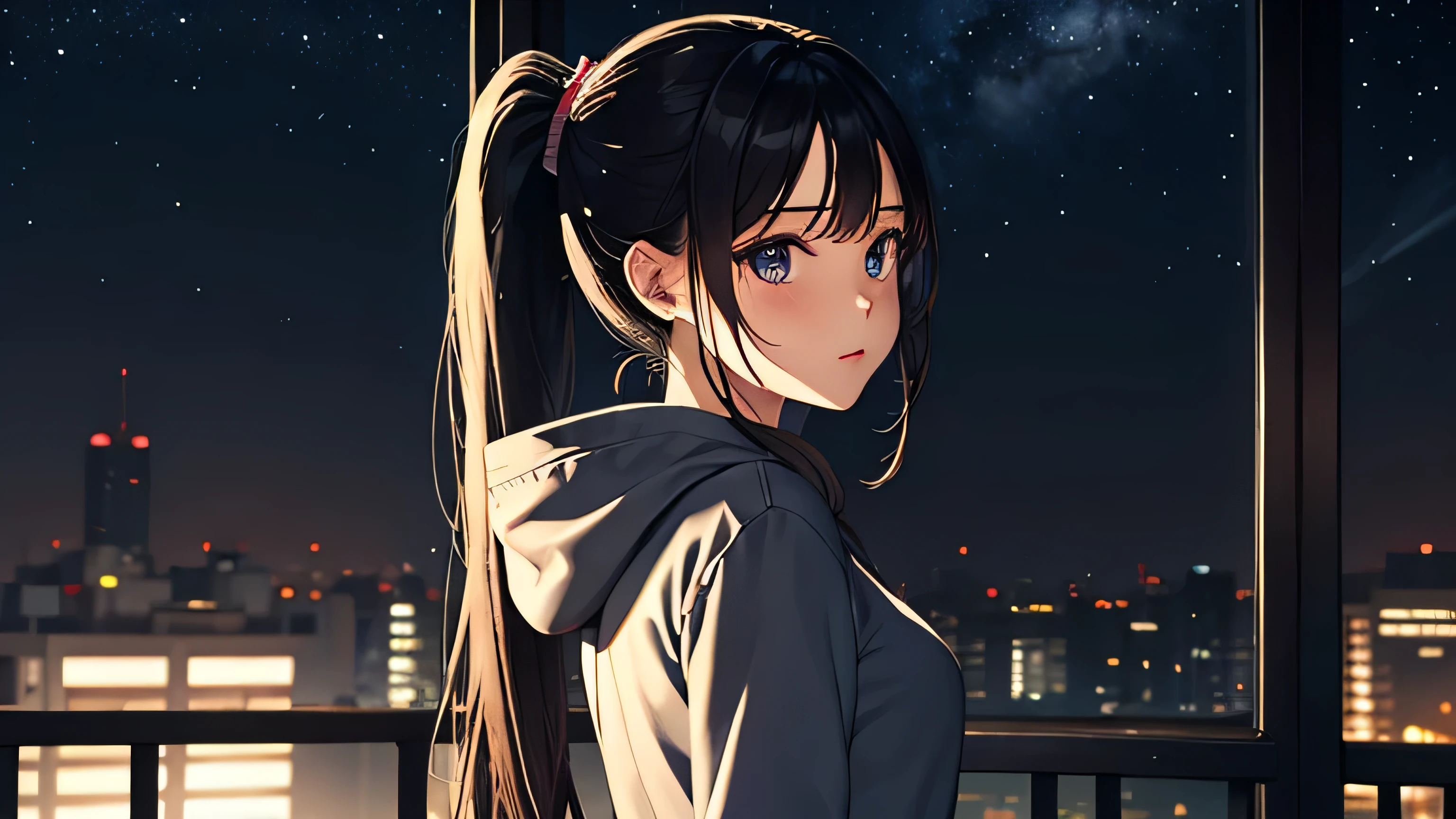 (Excellent: 1.2), (Highest Quality: 1.2), (Super Detailed: 1.2), (A girl standing in front of a window looking at the sky, brunette, medium hair, ponytail, grey hoodie, long sleeves, miniskirt), (((Very detailed eyes and face))), ), (Upper body, right side of screen), (Night, starry sky, night view, Tokyo)