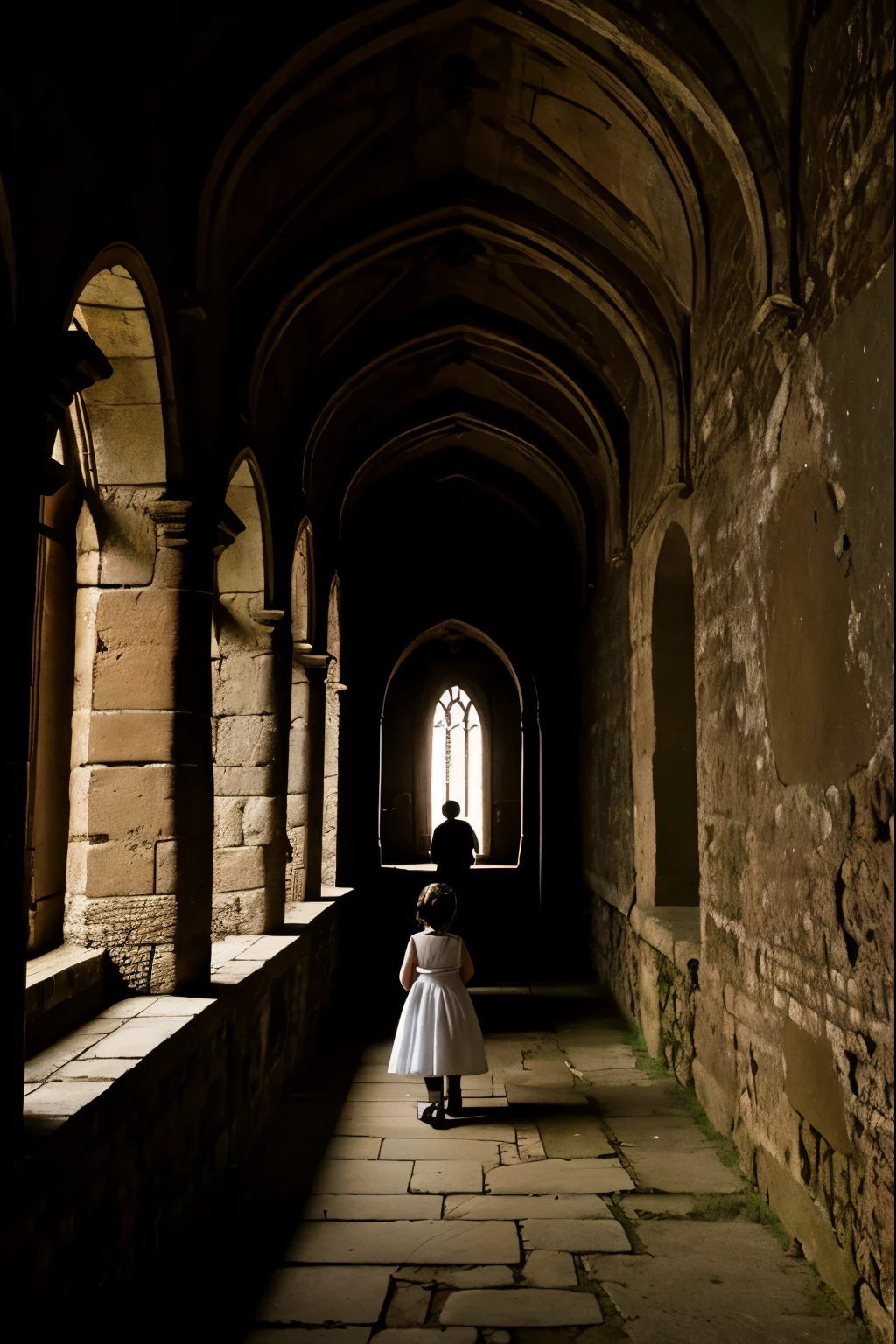 two fifteen year olds and a nine year old girl exploring an abbey, dark atmosphere, spooky place, darkness, eerie shadows, ancient ruined medieval frescoes on the walls