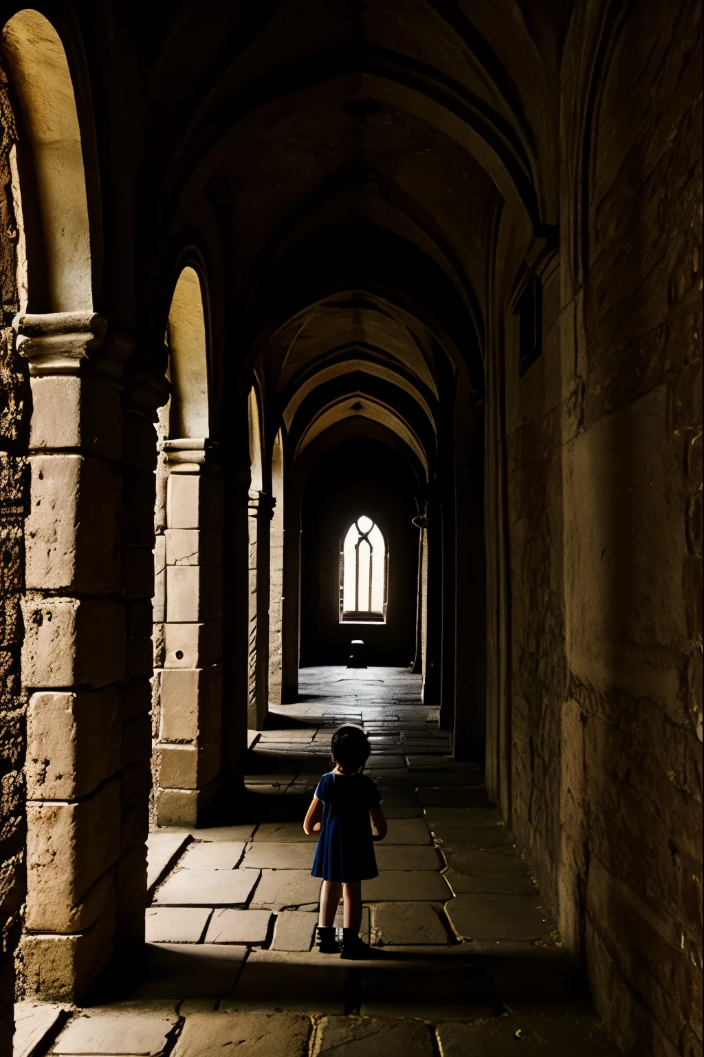 two fifteen year olds and a nine year old girl exploring an abbey, dark atmosphere, spooky place, darkness, eerie shadows, ancient ruined medieval frescoes on the walls