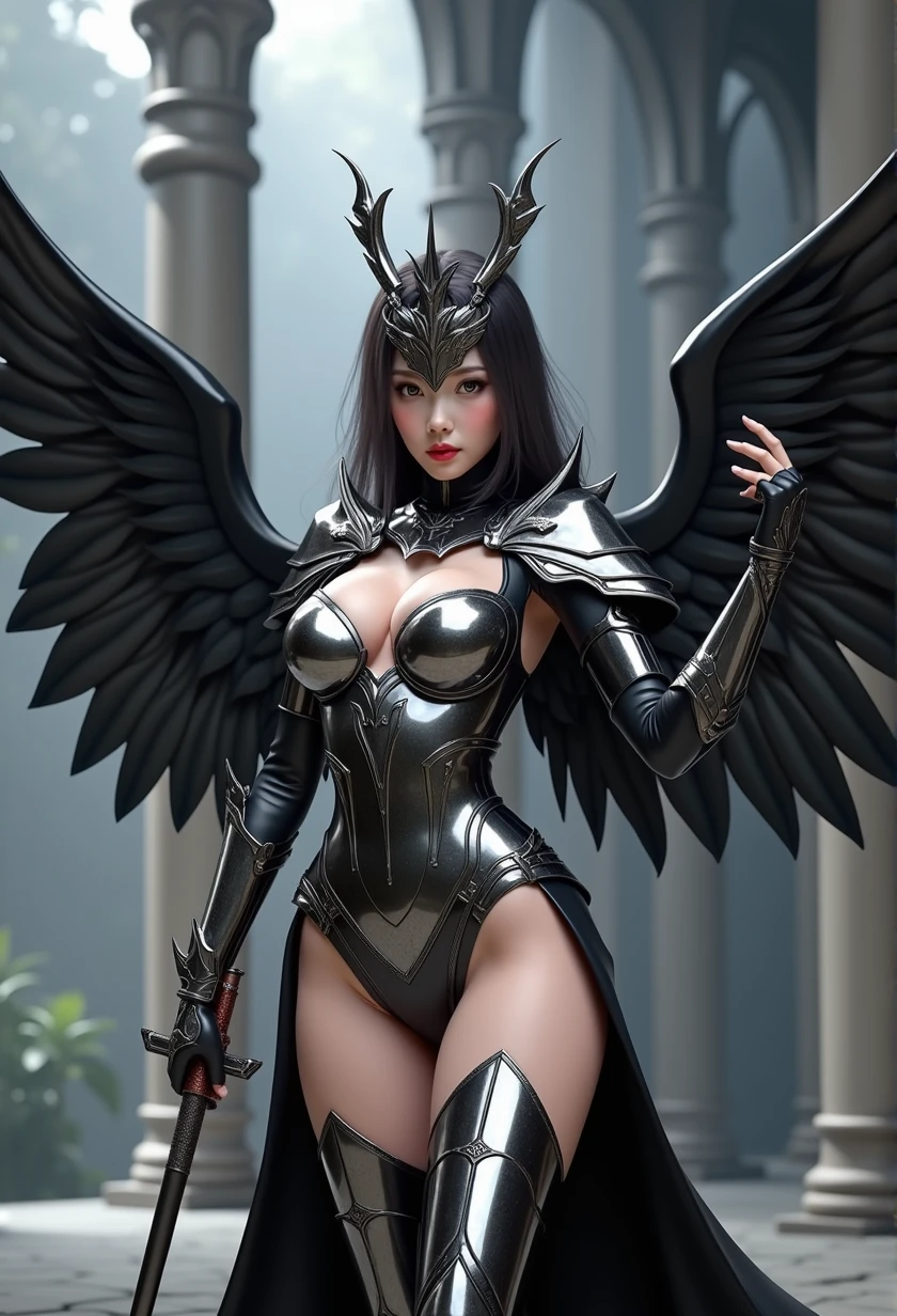 1fullbodyimage of a extremely cute Japanese young woman with albino skin and flowing hair, wide hips, well rounded legs, in a black and silver miniskirt outfit with black wings wielding a katana, Beautiful round breasts, Glossy lips, Perfect abs, (Perspectiveal), Tight waist, Inner seam, hourglass body shape, navel, Blush, Voluptuous, huge breasts, tight top, beautiful dark angel girl, warrior angel, villainess has black angel wings, angel knight gothic girl, angel in glossy metallic black and silver armor, crown in armour, stuning fantasy 3 d render, angel knight girl, cinematic volumetric lighting, ultra realistic, shot with Sony Fx6, (Glossy albino skin: 0.8), (Masterpiece: 1.4), (Best quality: 1.4), Natural(Big:1.25), Glossy lips, Perfect abs, (Perspectiveal), Tight waist, Inner seam, hourglass body shape, navel, Blush, Voluptuous, huge breasts, tight top, cinematic volumetric lighting