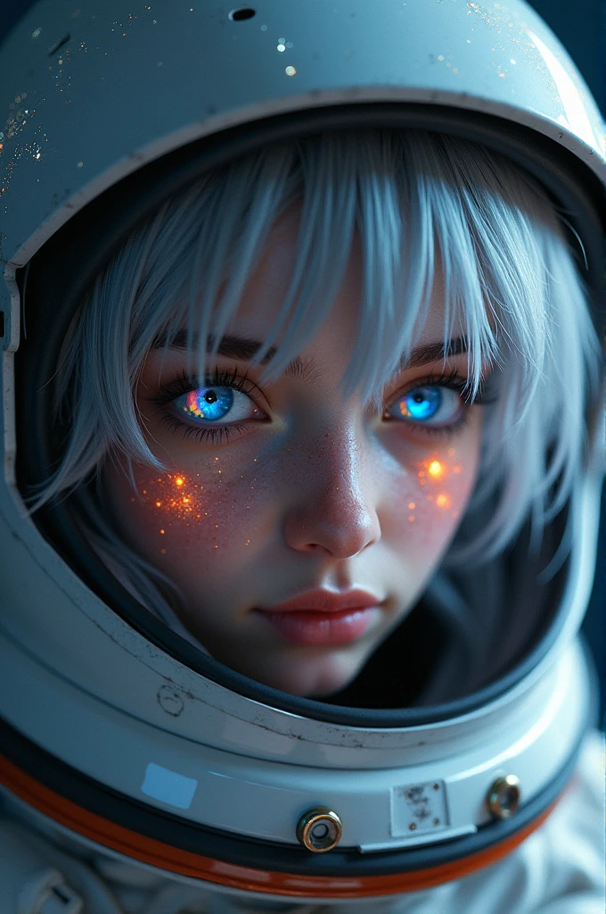 (Close-up of a better masterpiece:1.5)0.9], (Space and astronauts:1.2) (Messy silver hair:1.1) (Heterochromia xanthochromia and blue eyes:1.2) (Space Helmet:1.0) (Colored stars in the eyes:1.0) (A radiant glow:1.1) (thick lips:0.9)
