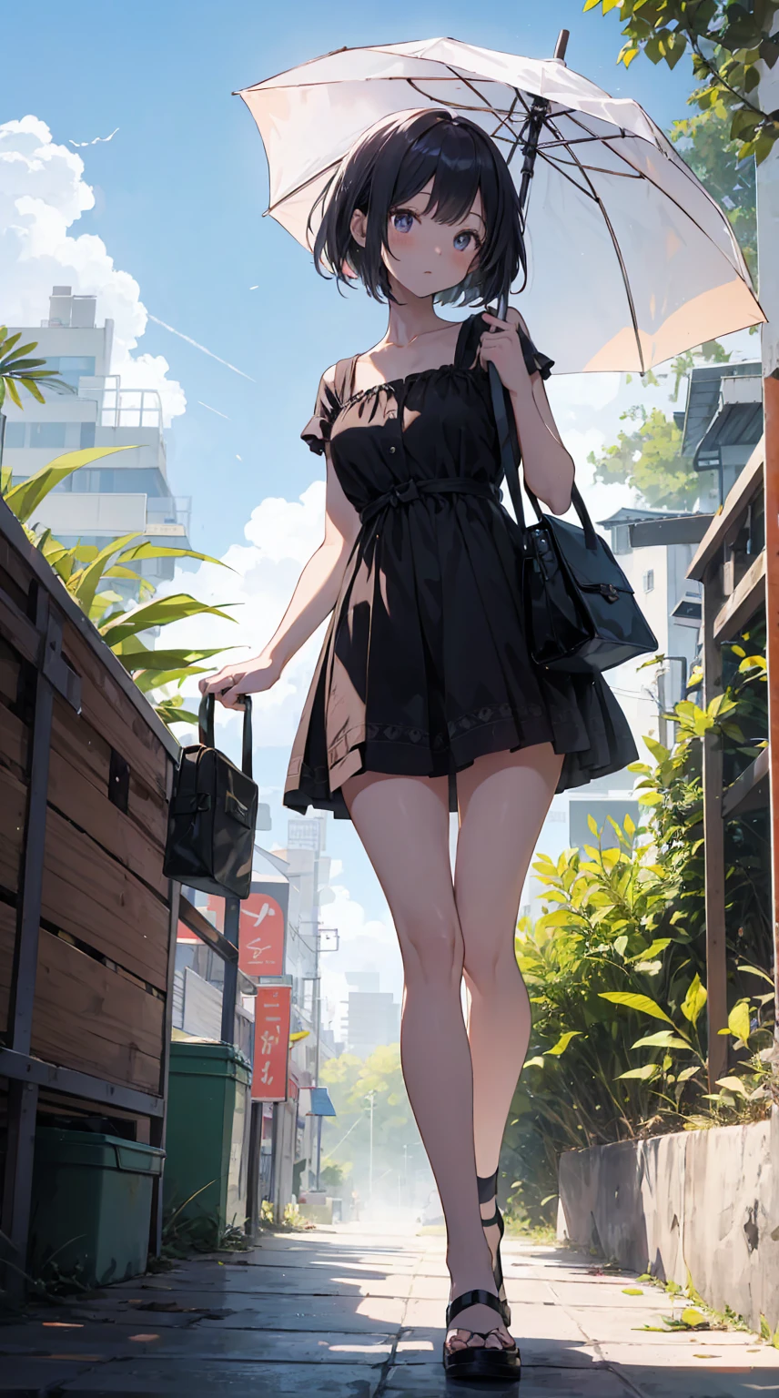 This illustration depicts a cute girl going on a holiday outing. She is in her twenties and has bright eyes. The place is like a park. However, the most noteworthy thing is the "last mysterious high-energy body" she emits. This energy body released from her body has the power to annihilate the garbage in the sky. The blue-white light reaches every corner. She is standing with a parasol and is wearing a dress. It's summer and it's very hot.heavy rain