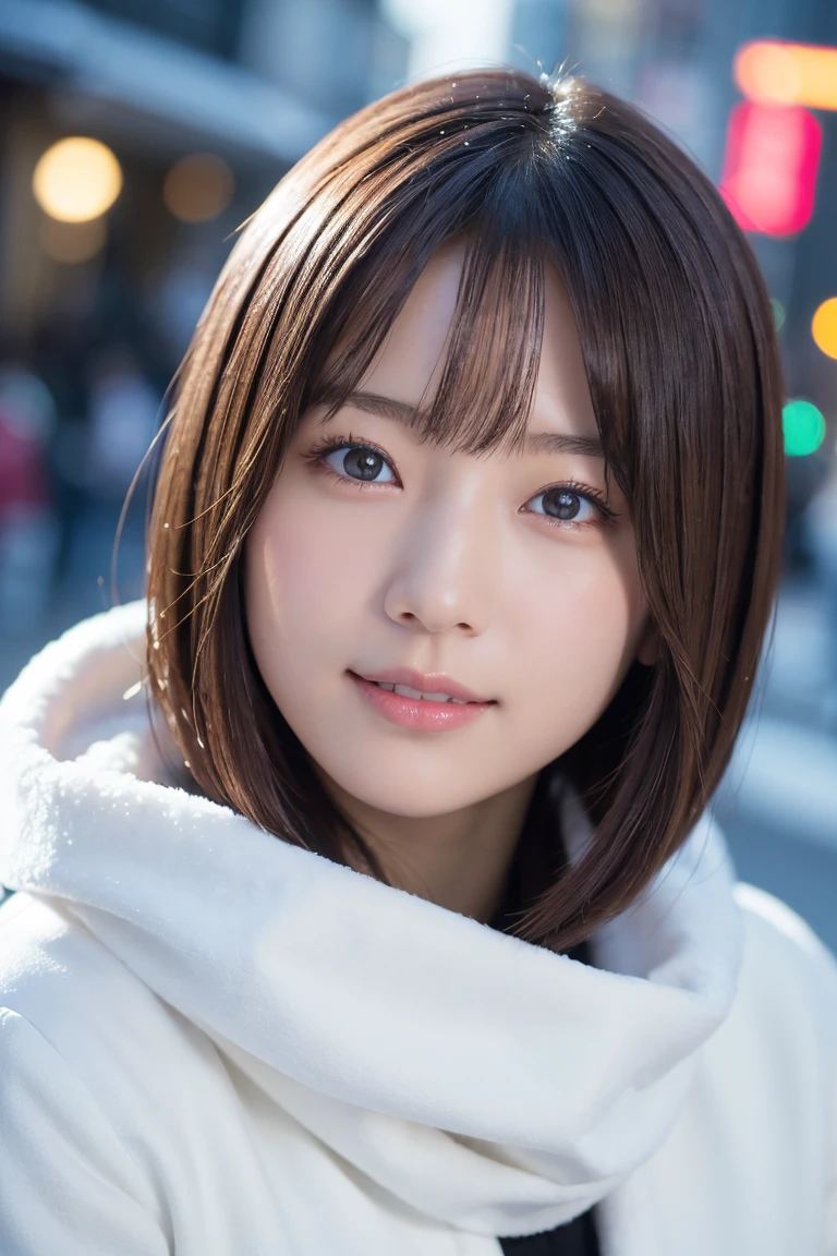 masterpiece、Highest quality、High resolution、Japanese women、(RAW Photos, Highest quality), (reality, Realistic:1.4) Tabletop、reality的、Stereoscopic lighting、Professional Lighting、Face Light、Smooth lighting、sexy、Sunburned skin、very detailed eyes and face, Beautiful and detailed nose, beautiful eyes, Perfect Anatomy、Bobcut、Brunette Hair、Iris、Gazing silently at the falling snow. Christmas streetscape、Cute muffler、Smiling in her winter outfit
