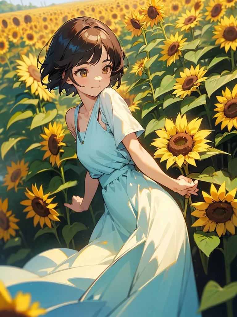 master piece, best quality, for below, cinematic angle, upper body , pigeon toed,
Anime-style Moe illustration, summer vacation theme, 20-year-old woman, sunflower field, short hair,
Picnic Maxi Dress, slightly inner thighs, smile, accurate drawing, Active pose, Active Angle,