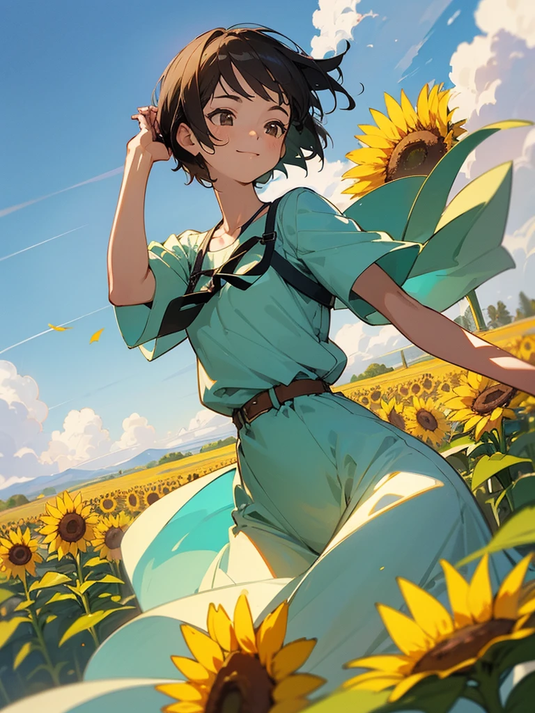 master piece, best quality, for below, cinematic angle, upper body , pigeon toed,
Anime-style Moe illustration, summer vacation theme, 20-year-old woman, sunflower field, short hair,
Picnic Maxi Dress, slightly inner thighs, smile, accurate drawing, Active pose, Active Angle,