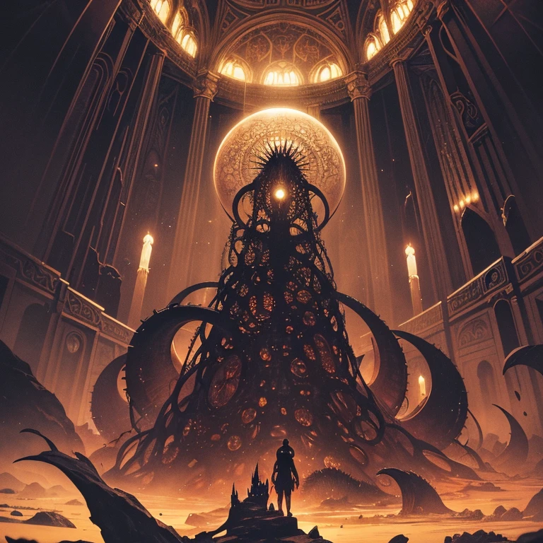 Astral world. Theonomy. Near the black hole. (Esoteric art style) Magical atmosphere from Kabbalah. Demigurge-like animal from Plotinus. Desert atmosphere color. Ruined lines((dark tentacle horror biopunk atmosphere)), Iron desert, Metal shavings, Dark and hot desert, Abandoned sad desert wasteland landscape, (despise the style of video games), Horror atmosphere, existence of something terrible, Highly detailed biopunk background, Background by Hans Giger, masterpiece. Creating Demigurge from Plotinus' writings to seven astral spheres. Esoteric graphic-like art style、Amon-like demon in the front、Cthulhu、it, it, Hastur‼ Hastur Kufayak‼ Bulgtom Fugtragurn Bulgtom. AI big breasts, AI big breasts, Hastur‼