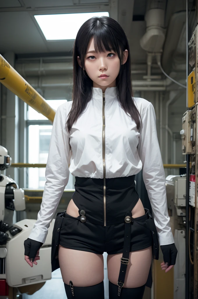 masterpiece, best quality, extremely detailed, Japaese Cyborg girl,Plump , control panels,android,Droid,Mechanical Hand, Robot arms and legs, Black hair,Blunt bangs,perfect robot girl,long tube,thick cable connected her neck,android,robot,humanoid,cyborg,japanese android woman ,future laboratory,connecting a cable between the legs,shortpants,darkblack knee high socks,rolling eyes