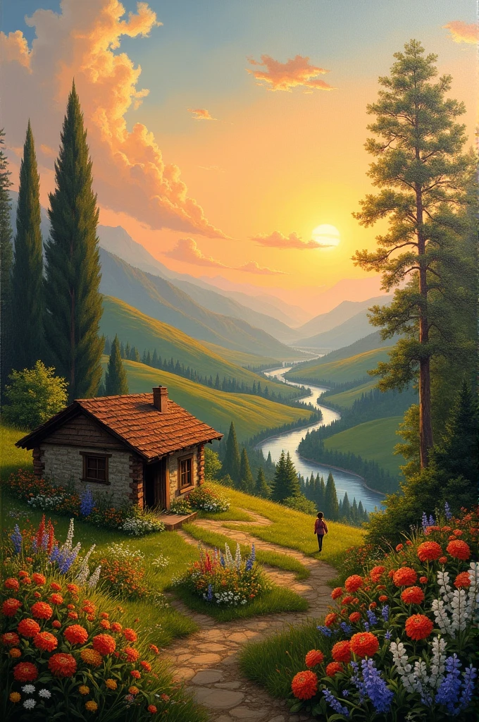 Canvas painting, Sunset, clouds, grass, plants, large trees, river, little mountains, hut, painting look, a on left side in a flower garden