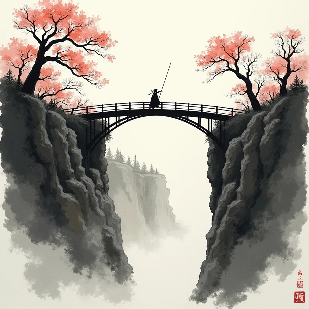 Ink Painting,Shogun,landscape painting,Shouting threats towards here、On a bridge hanging over a sheer cliff,