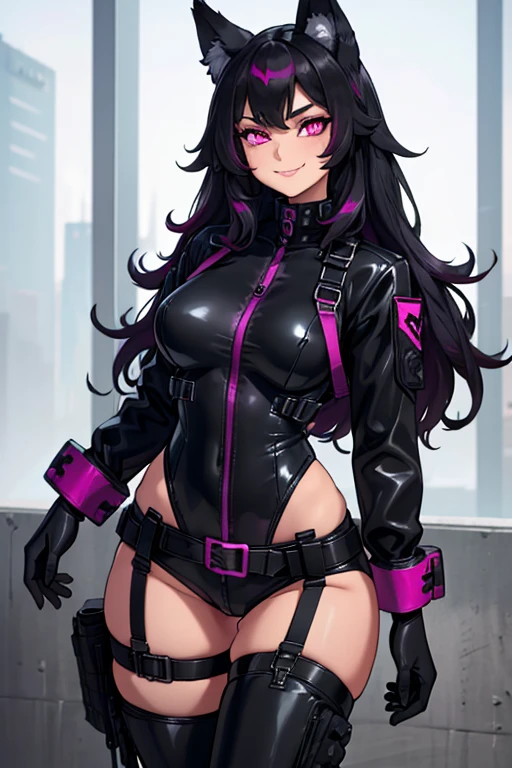 female, black long hair with magenta trim, silver eyes, wolf ears, wolf tail, (((1girl))), (((black full tactical bodysuit))), (magenta tactical belt), (black military boots), (black gloves), cute and sexy, full body, large breasts, long legs, smiling
