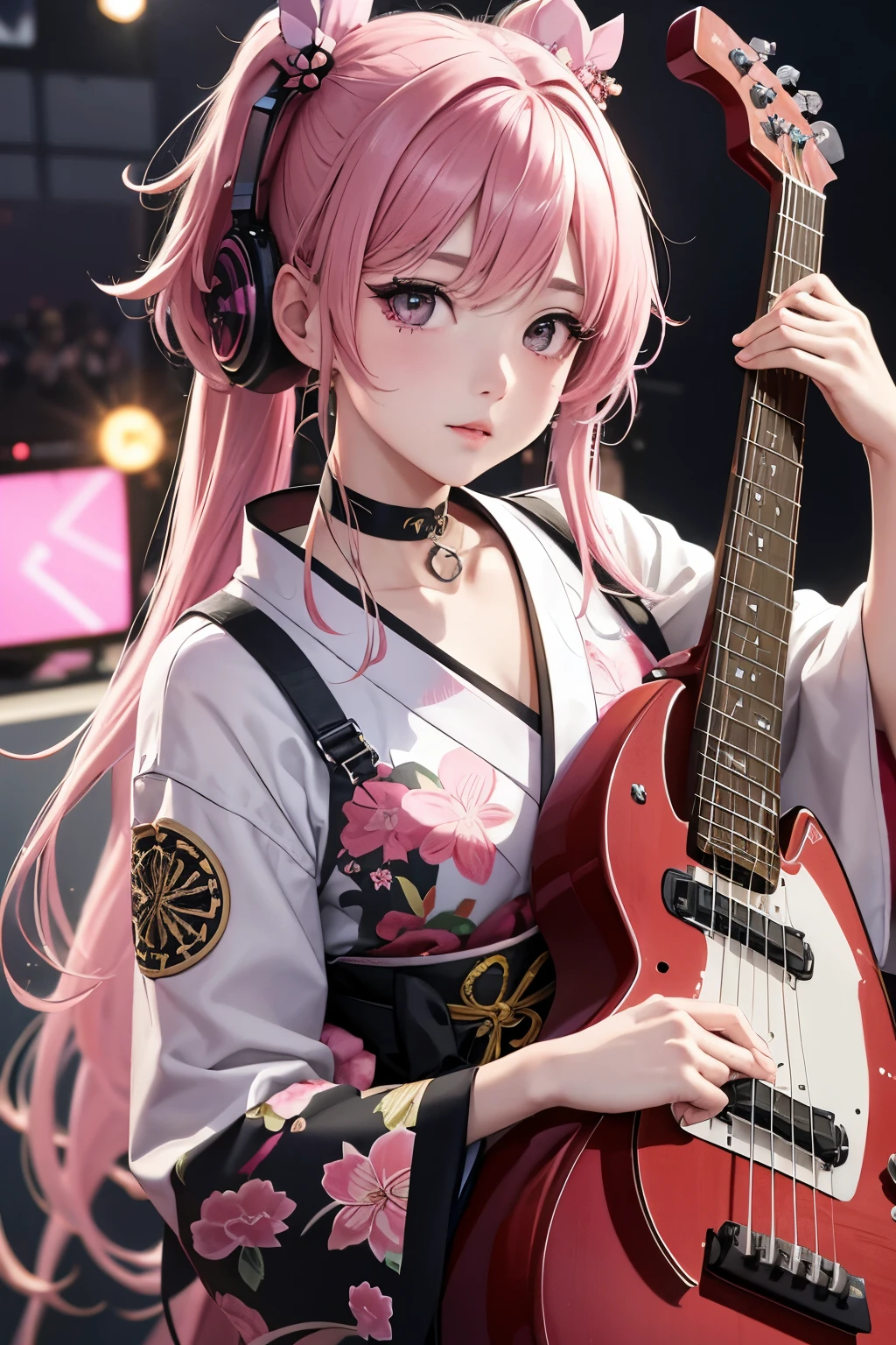 masterpiece, best quality, very detailed, high resolution, expensive resolution, high resolution, 4K, 8k, Unity 8k wallpaper, highly detailed CG, masterpiece, 2D, 3D, beautiful details, depth, fine texture, best quality: 1.3, perfect focus, crispy skin, he,
Very cute anime girl, girl playing baseguitar vocals in a band wearing a Japanese fancy floral haori hakama, on outdoor stage, full body, expensive pink twin tail hair, mole under eye, looking at the viewer, expensive, blush, mole, lips open, , heart choker, pink eyes, guitar vocals, stage,Full body of an anime girl with pink twin-tailed hair wearing a Japanese kimono and playing a bass guitar on stage at a cyberpunk festival