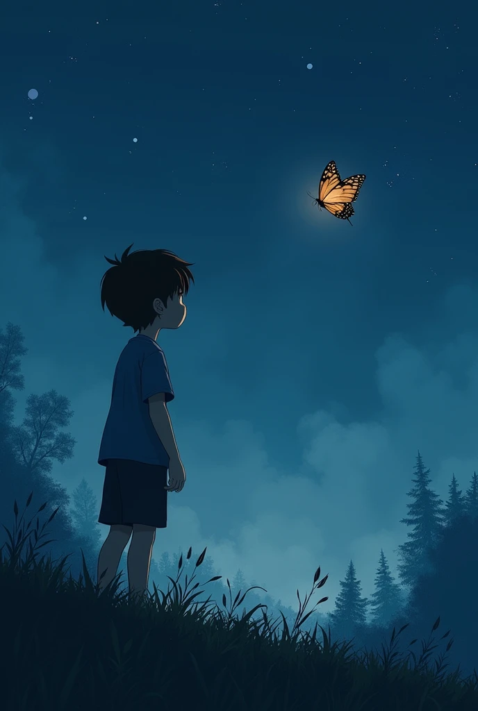 A young boy saw a small butterfly fly away into the night. 