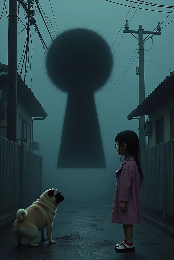 A small Japanese residential area shrouded in morning mist、There is a large, blurry black keyhole on a part of the wall at a construction site with a defect, and a black hand is reaching out from it towards a dog.、A young elementary school girl with glasses standing nearby, looking surprised.、A pug and French bulldog mix、Creepy、Creepy、Very detailed、Cinematic lighting、Dramatic colors、Moodyな雰囲気、(Highest quality、4K、8k、High resolution、masterpiece:1.2)、Super detailed、(Real、Photorealistic、Photorealistic:1.37)、Dramatic lighting、Dark Shadows、Moody、mysterious、Surreal、Creepy