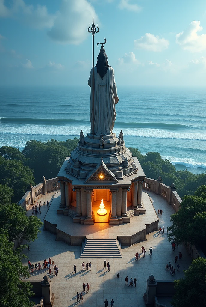"A powerful and serene image of the Nageshwar Jyotirlinga Temple, located near Dwarka on the western coast of Gujarat, India. The temple is set against a backdrop of the vast Arabian Sea, with gentle waves and a bright blue sky, symbolizing its coastal location. The temple itself is adorned with traditional stone carvings, and a large statue of Lord Shiva stands majestically near the entrance, representing the protector of devotees. The Jyotirlinga inside the temple is bathed in a soft, divine light, symbolizing the sacred energy of Lord Shiva in his Nageshwar form. The surrounding area includes lush greenery and the temple's peaceful courtyard, where devotees can be seen in prayer. The image captures the spiritual tranquility, the protective aura of Lord Shiva, and the natural beauty of this revered site.