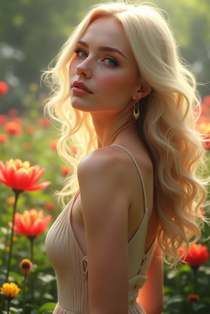 In the flower garden　Blonde Hair　one piece　Stylish　profile　Ears are visible　up　Blonde　