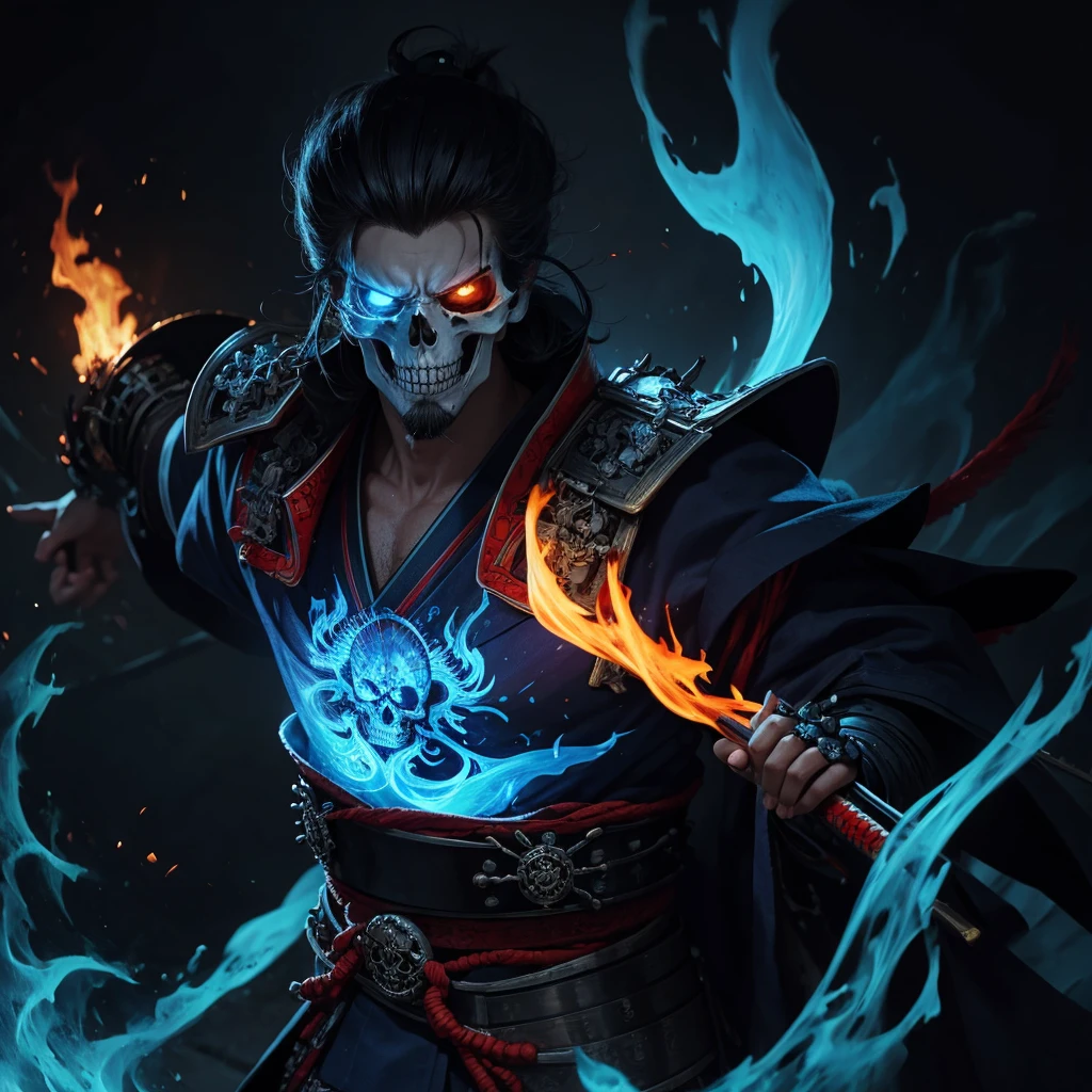 High quality 4K artwork ,Flaming skull-faced samurai with blue flames,kimono branco 