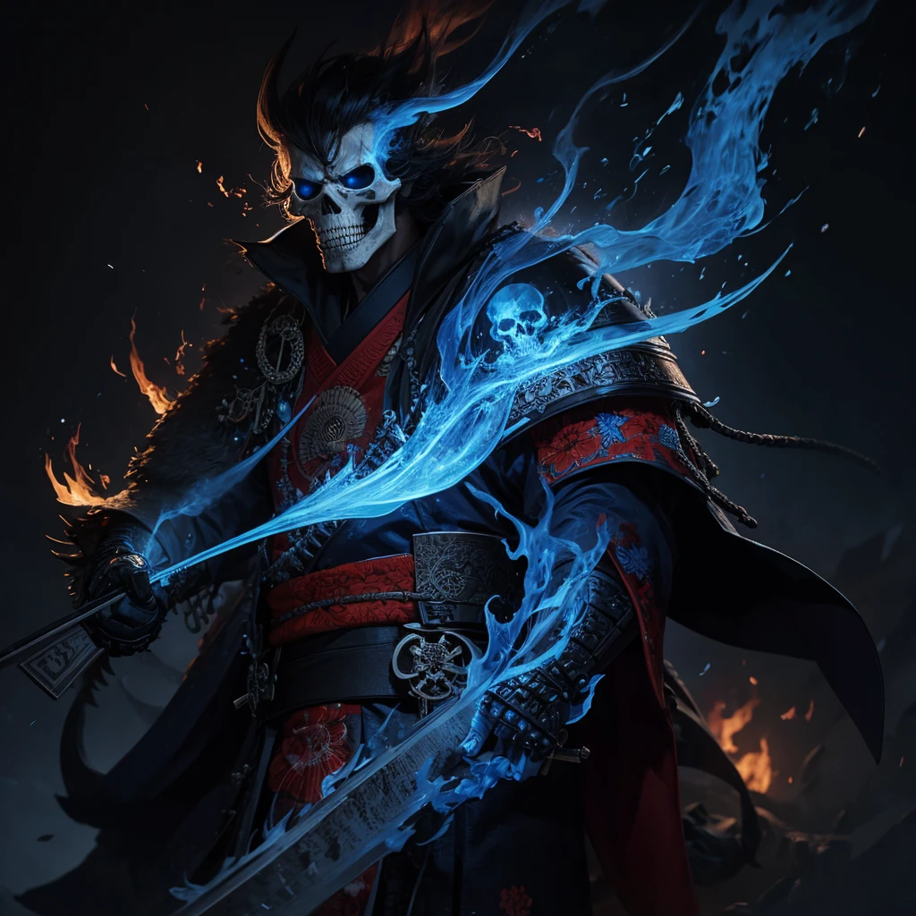 High quality 4K artwork ,Flaming skull-faced samurai with blue flames,kimono branco