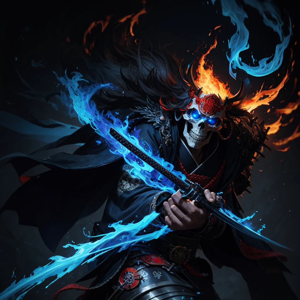 High quality 4K artwork ,Flaming skull-faced samurai with blue flames,kimono branco