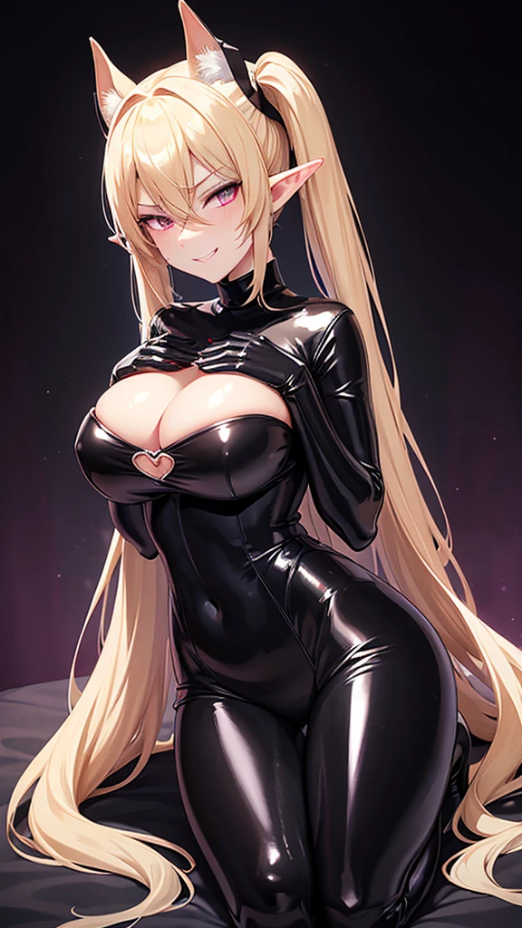 Erotic、tall、Big Breasts、Elf、Blonde side twin tails、long hair、Shiny latex rubber suit、turtleneck、Pink line、Evil Combatants、sexy、Evil smirk face、tall、adult、lure、Alluring、Pitch black background、Dark bedroom at night、Fall into Darkness、Fallen into evil、Hands to the chest