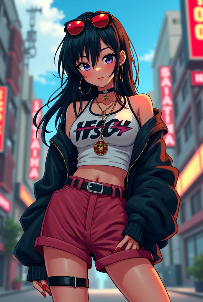 cute anime character girl, Makima from Chainsaw Man, great style, baggy hip-hop fashion