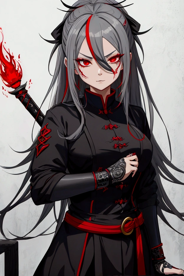 divine, tao, Blacksmith, red eye, insanely, grey hair, Black Red Sword, bloodthirsty, in Blacksmithe, Anime Style