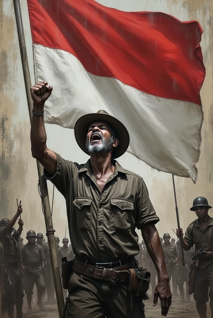 Picture of a 35 year old male woman with a face (Indonesia) wearing tattered clothes and a hat on his head, one hand fisted up carrying a flag and full of enthusiasm, with pictures of people fighting, In the midst of the invaders' attack, carrying the flag, Indonesia, Old wall background with faded moss paint, gambar HD, Retro Image, Realistic Image, real picture, Figure 4d,Mural image of the red and white flag waving, Black and white detail
.