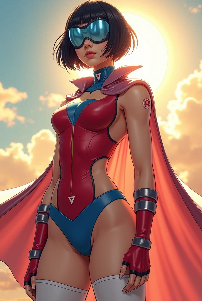 Female, age 25-30, japanese, dark hair, bob cut, muscle, full body, costume: blue metallic domino mask, blue choker, blue cape, sleeveless red suit with white sides, up side down white triangle symbol, belly cutout, blue undies, thighs out, white thigh-high socks, blue boots, red fingerless gloves, white shooter sleeves, metallic bands on wrists and boots, sun background