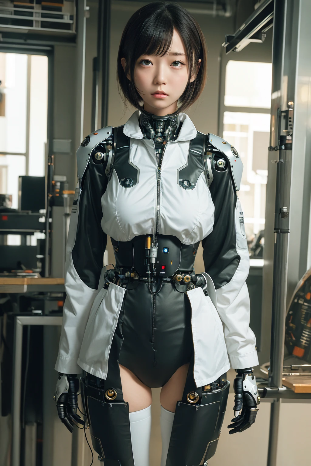 masterpiece, best quality, extremely detailed, Japaese android girl,Plump ,control panels,android,Droid,Mechanical Hand, Robot arms and legs,Blunt bangs,perfect robot girl,long tube,thick cable connected her neck,android,robot,humanoid,cyborg,japanese cyborg girl ,robot-assembly plant,She has assembled now,assembly scene,chest monitor,rolling eyes