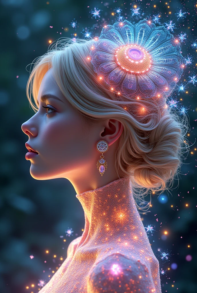 (head of'artwork, best quality), 8k,(((very detailed))), Course:1.8,Super intricate Course pattern,colorful Course pattern,Corps transparent en fond de vitrail, mandalas,allumer,cold, 1 female,Open back,(earrings,blond),