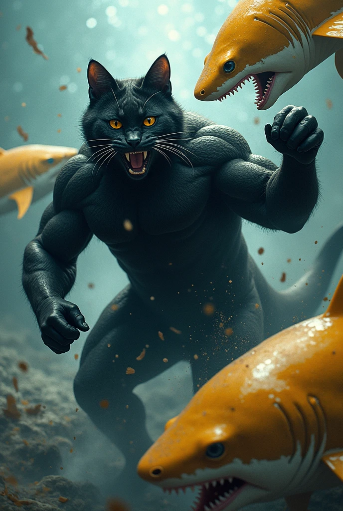  big black muscular cat hit two huge golden shark with anchor 