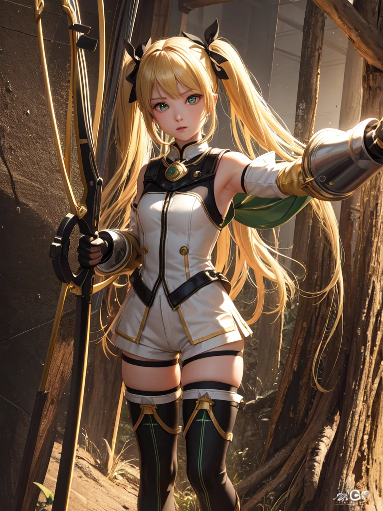 (Ultra extreme detailed),(Masterpiece),(Ultra extreme),(Realistic),CG,(color:1.2), Strong lighting,Light from behind,evaluation:Safety,alone, 赤color,Blonde twin tails,Green Eyes, shrite,short_Shorts outfit、、Tights Knee Socks、Holding a bow、archery、shoulder pads、Chest pads、hunter
