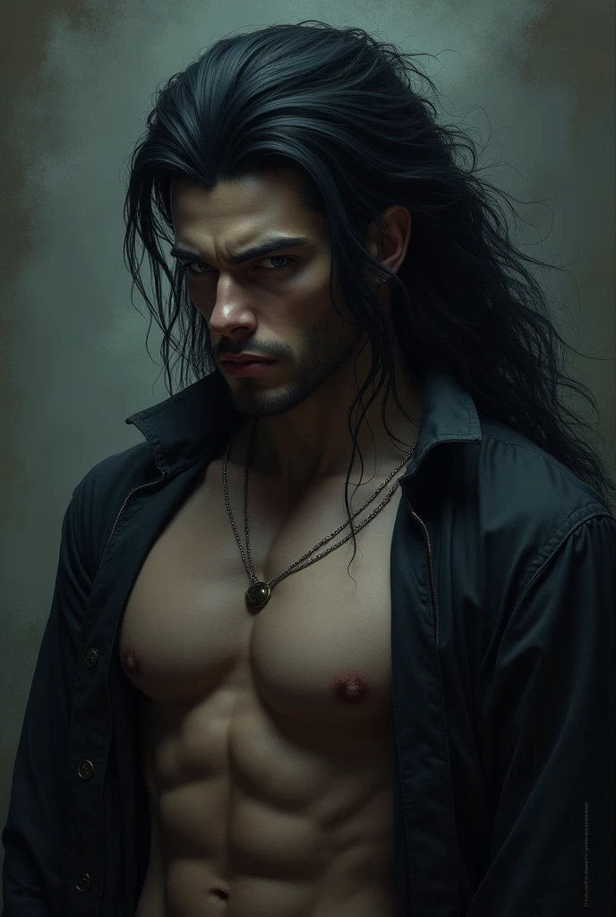 He has a sharp, narrow face, pale skin, black hair, and is muscular.