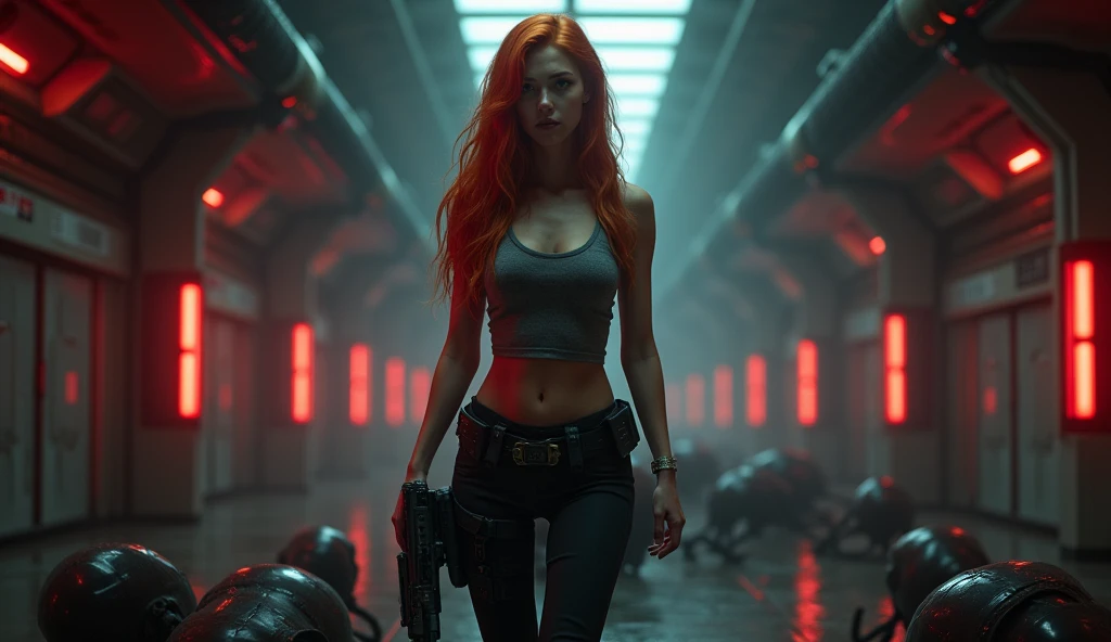 (full body shot:1) photorealistic image of a (standing pose:1) woman, ultrarealistic, photography, long red hair, woman, 24 years old, hourglass figure, perfect body, natural medium breasts, Full body picture, she is on a space station, in a dark corridor, only red alarmlights are on, she is wearing a tshirt and hot pants, she is holding a pulserifle, there are a lot of xenomorphs running on the ground towards her, she is scared