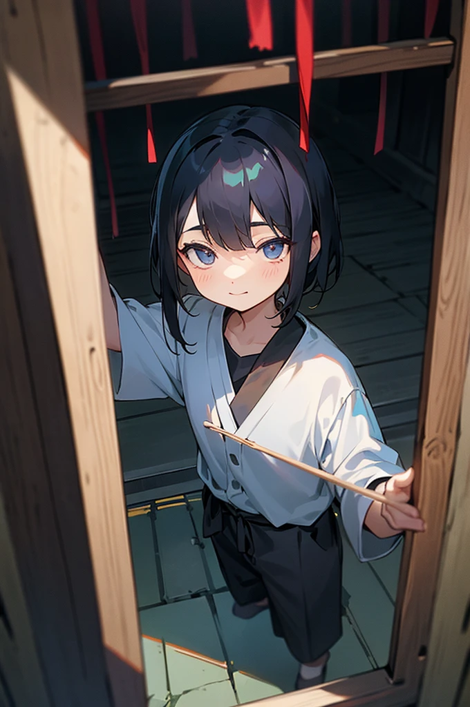 Locked in a dark dungeon of a shrine、One Boy。Numerous charms are plastered onto the bars of the prison cell。A dilapidated place。Looks like a 6-year-old、Smooth black hair、Wearing a dark blue yukata。A deep, eerie smile。lack of shine in the eyes。