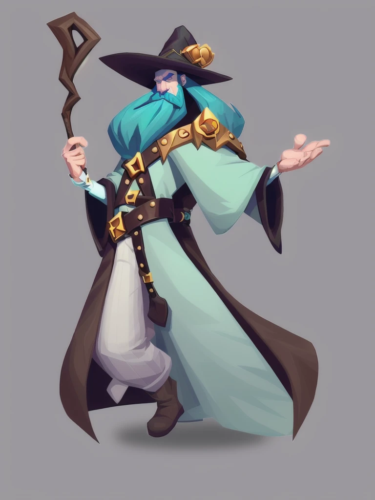 concept art, European and American comics, game character design, RPG Fantasy Game Characters, 1boy, solo, European male in his 30s, Male-centric, Light blue hair, Mustache and beard, Hair length reaches the neck, Wizard Outfit, A light gray outfit, The wizard hat has a brown belt decoration in the middle. The wizard hat looks similar to an explorer's hat. There is a brown leather cover from the shoulder to the chest area. The leather is spread out on both sides of the chest and there are decorative lines connecting both sides in two rows. Wearing brown arm guards on the arms, Holding a wooden stick with a jewel at the end, Wearing a brown belt three times around the waist, The belt has pouches and bags hanging from it. Zoom in on the upper body