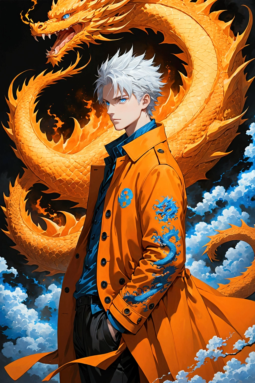 1 boy, with spiky white hair, perfect blue eyes, orange coat, with dragon symbol on coat, black pants, using a blue fire technique, incredible details, Dynamic background