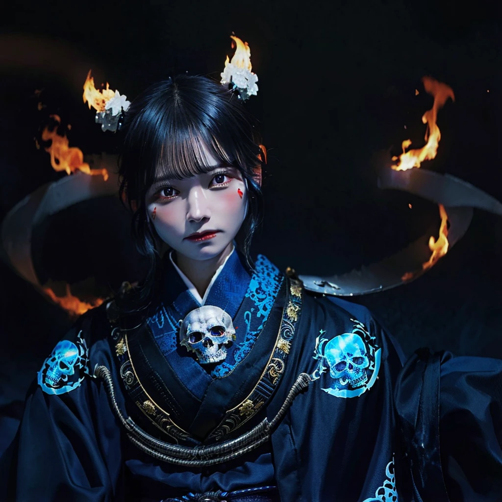 High quality 4K artwork ,Flaming skull-faced samurai with blue flames,kimono branco